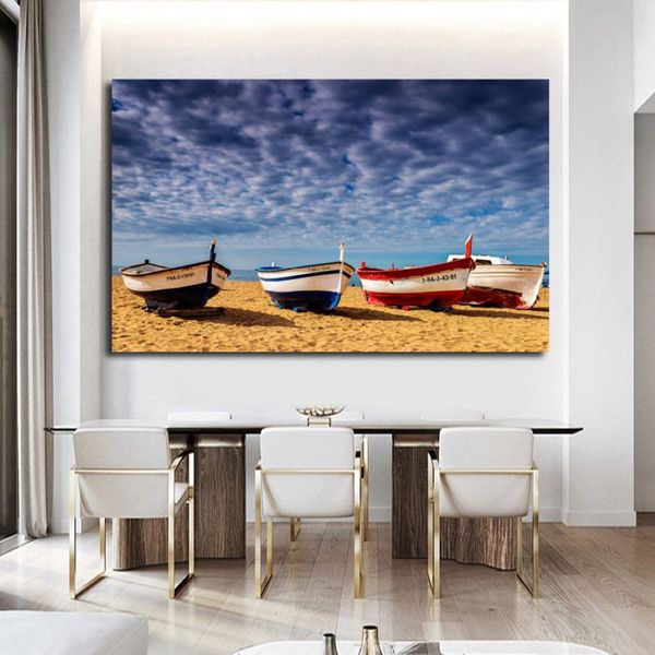 Póster de paisaje moderno de gran tamaño, cuadro sobre lienzo para pared, imagen de playa de barco, impresión HD para decoración de sala de estar y dormitorio 264E