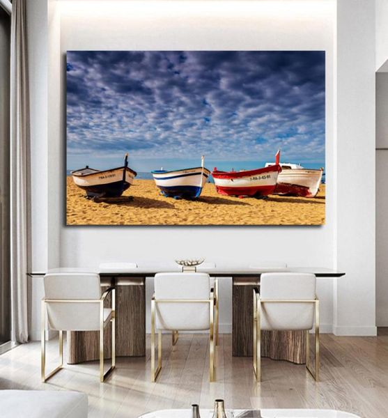 Póster de paisaje de gran tamaño moderno Arte de pared de la pared Pintura de la playa Boat Beach Impresión HD para sala de estar Decoración del dormitorio 3393864