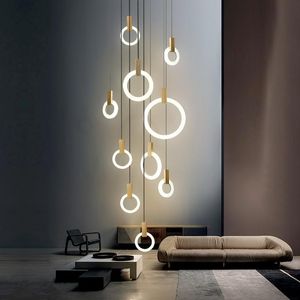 Moderne LED kroonluchter plafond woonkamer houten verlichting acryl ring armaturen trappen deco hangende lichten eetlampen hanglampen lampen