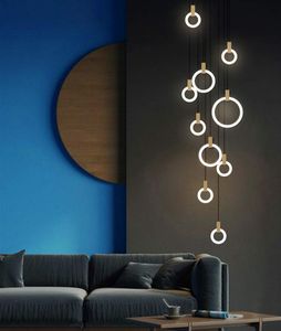 Lámpara LED moderna de techo, lámparas colgantes nórdicas para sala de estar, accesorios de anillos acrílicos para dormitorio, iluminación de escalera, luces colgantes de madera, 10