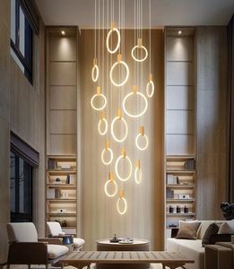 Moderne LED kroonluchter lamp Zwart/gouden binnen trap verlichting IJzer Acryl Ring Restaurant Decor Lichten Noordse luxe hangende lamp