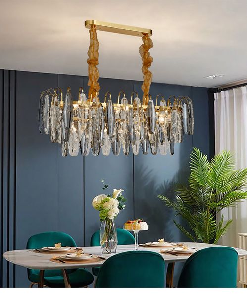 Lustre Led moderne éclairage pour salle à manger rectangle chaîne luminaires en cristal de luxe cuisine île cristaux lampes