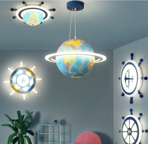 Lampe de chambre à LED moderne LED Creative Globe, plafonnier de gouvernail de navire, télécommande Garçon Boy et fille Chambre à coucher