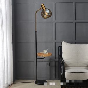 Modern Led Floor Lamp Amber Glass Basis Wood voor woonkamer Slaapkamer Leesverlichting E27 BULB