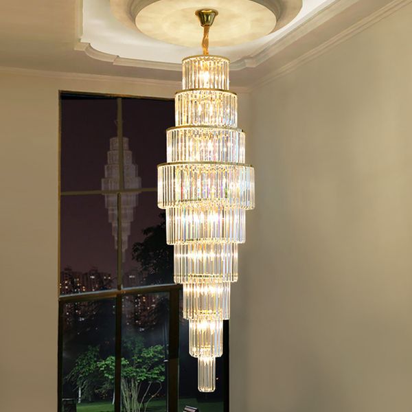 Moderne Led luxe Cristal escalier lustre éclairage décor grand classique Cristal hôtel salon spirale longue suspension lampe