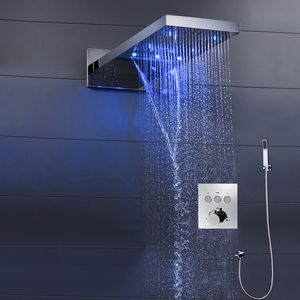 Moderne LED Regen Douche Set Waterval Regendouchekop Panel 3-weg Knop Touch Thermostatic Mixer Badkamer Douchekranen