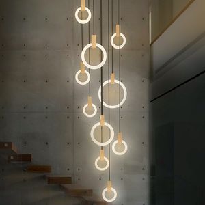 Moderne LED Trap Kroonluchter Verlichting Nordic Woonkamer Plafond Hanglampen Slaapkamer Acryl Ringen Fixtures Wood Hanging Lights