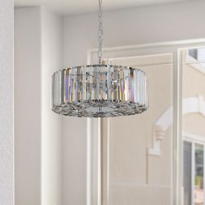 Lustre chromé cylindrique à 4 lumières pour salon moderne avec abat-jour en cristal