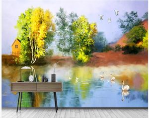 moderne woonkamer wallpapers Europese pastorale land bomen rivier landschap olieverfschilderij achtergrond muur