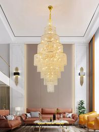 Moderne Long Lustres En Cristal Luminaire LED Lustre De Luxe Américain Européen Brillant Droplight Maison Villa Hôtel Escalier Hall Hall Salon Lampe Suspendue