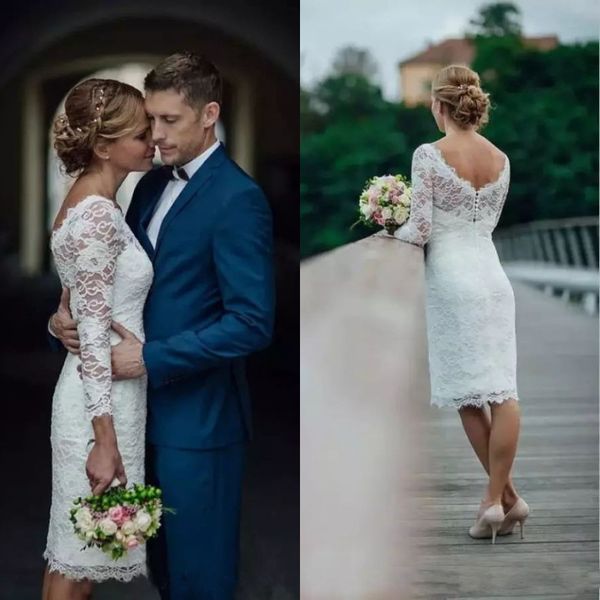 Moderne 2019 robes de mariée courtes à manches longues encolure dégagée gaine longueur au genou dentelle robes de mariée robe de réception