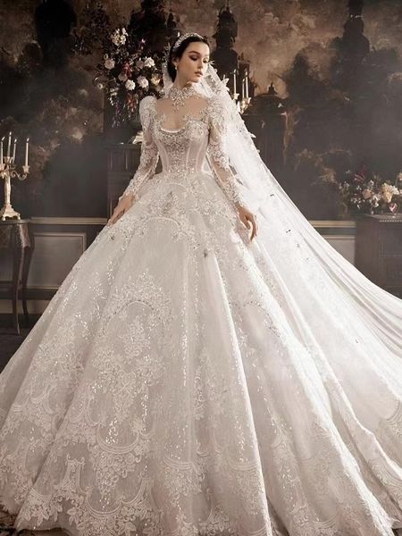 Robes de mariée en dentelle à manches longues modernes été bohème une ligne robes de mariée appliques Robe de mariée avec train de cour grande taille train de balayage à lacets robes de soirée de mariée