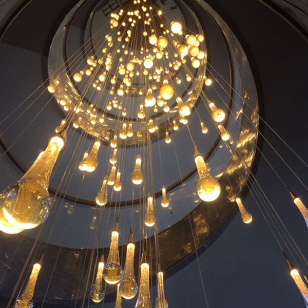 Lámpara de araña de escalera larga moderna, luces de cristal de lujo led doradas grandes para sala de estar, villa interior, isla de cocina, lámparas colgantes de alambre