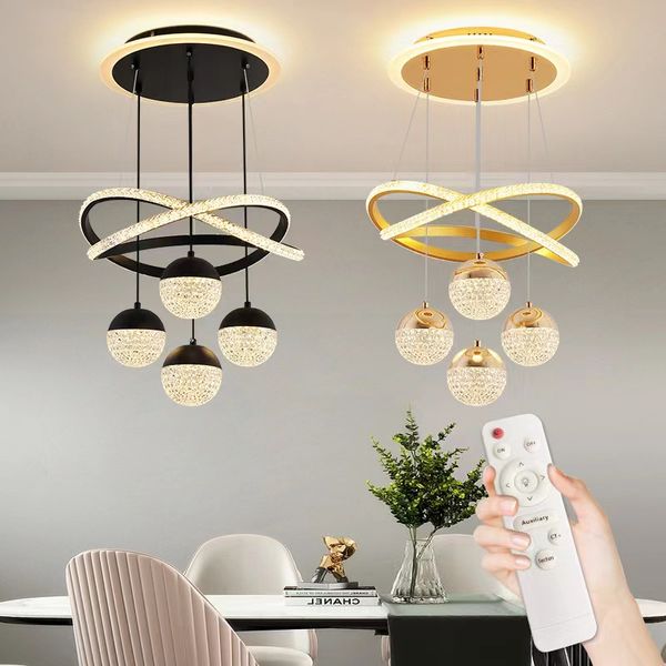 Luxe moderne à 3 côtés Crystal LED lustre éclairage vivant salle à manger lustrée chromée anneaux pendentifs Luminaire RC à distance