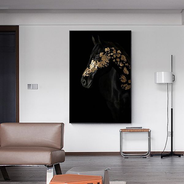 Cuadro artístico de pared de caballo dorado y negro de lujo, lienzo impreso, pintura de hoja dorada, póster de Animal para decoración del hogar y sala de estar