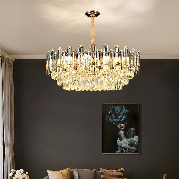 Candelabro de cristal de lujo moderno para sala de estar, lámpara colgante de techo redonda, accesorio de iluminación colgante gris ahumado para Isla de cocina
