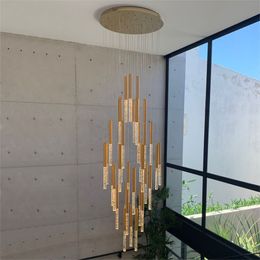 Moderne luxe duplex gouden led kristal kolom lange kristallen kroonluchter hanglampen voor villa's trap cristal lamp grote lobby villa hangende licht armatuur