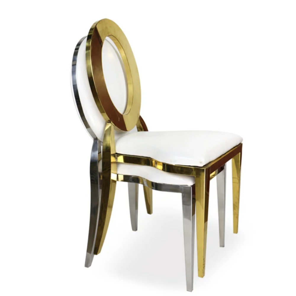 Chaise de luxe moderne en acier inoxydable doré, pour hôtel, mariage, banquet, fête à dossier haut, location de fête, 25