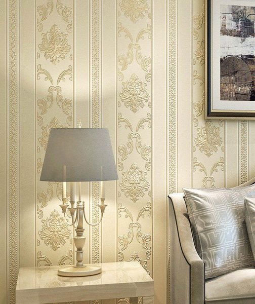 Papel tapiz de Damasco a rayas europeo para decoración de casas de lujo moderno, para paredes, dormitorio, sala de estar, papel de pared en relieve gris y Beige, rollos 6474181