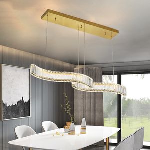 Lámpara de arañas Led de cristales K9 de lujo moderna, accesorios de suspensión de onda de luz colgante de acero cromado dorado para comedor