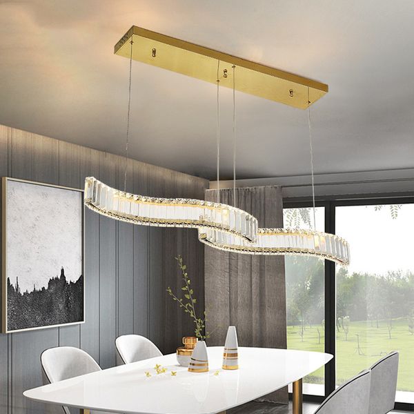 Lámpara de arañas Led de cristales K9 de lujo moderna, accesorios de suspensión de onda de luz colgante de acero cromado dorado para comedor