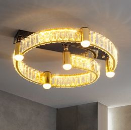 Lámpara de techo de cristal con anillo redondo de lujo moderno, candelabros para dormitorio, candelabro de techo dorado/negro, luz de estudio para sala de estar, accesorios de decoración LED