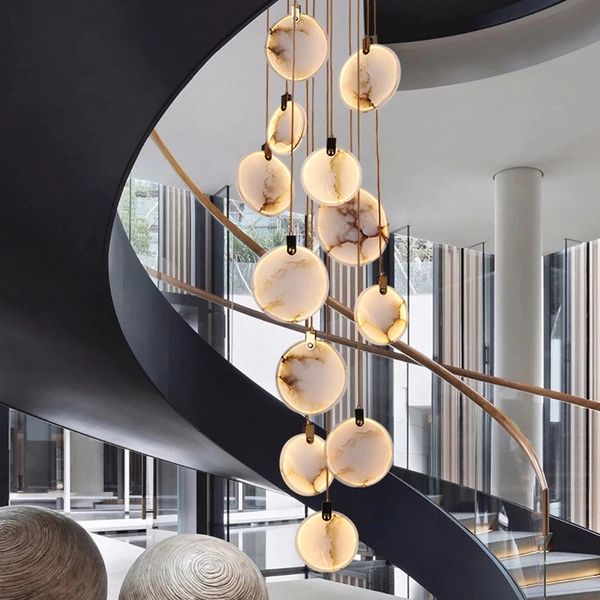 Lustres LED en cristal de marbre modernes lampes suspendues pour escalier salon lampes suspendues en Cristal rondes de luxe Villa longs luminaires