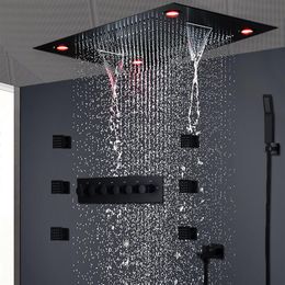 Juego de ducha negro mate moderno Masaje de techo oculto Cabezal de panel de ducha de cascada de lluvia grande Ducha termostática de alto flujo 2491