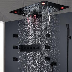 Moderne mat zwarte doucheset verborgen plafond massage grote regen waterval douche paneel hoofd thermostatische high flow douche2491