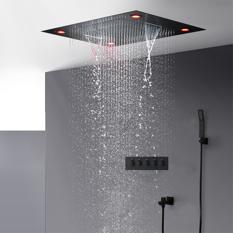 Baño moderno Matt Black Ducha Sistema de ducha oculto Gran panel de cabezal de ducha LED 600 * 800mm Cascada lluvia Termostático Grifos de ducha