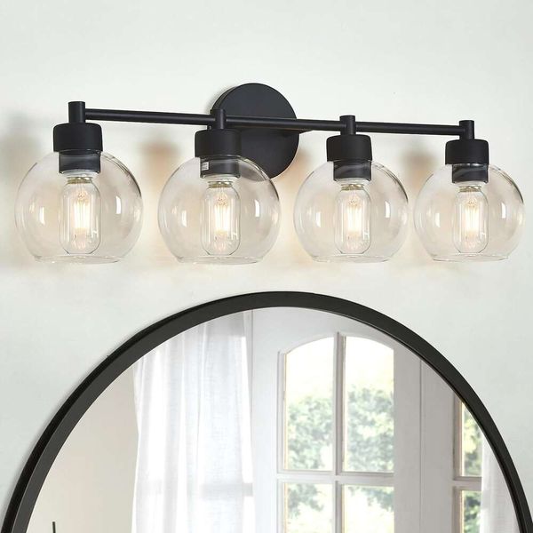 Luz de tocador negro mate moderno con 5 tonos de vidrio globos: baño elegante, escaleras o iluminación de cocina con base de metal