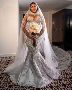 Robe de mariée sirène moderne briller col rond à manches longues robe de bal grande taille balayage train robes de mariée robe robe de mariée taille couleur personnalisée