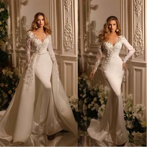 Robe de mariée sirène moderne avec traîne détachable, fleurs 3D, manches longues, robes de mariée de luxe perlées, 2023