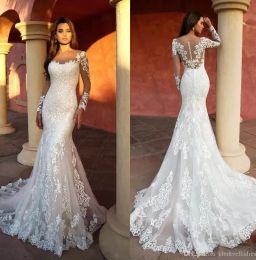 Sirena moderna Vestidos de novia 3D Apliques de encaje Cuello transparente Manga larga Vestidos de novia Ilusión Vestido de novia robe de