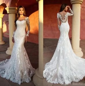 Moderne zeemeermin trouwjurken 3D Appliqued Lace Sheer Neck Long Sleeve Bridal Trows Illusion Wedding Jurk Robe de BC15461