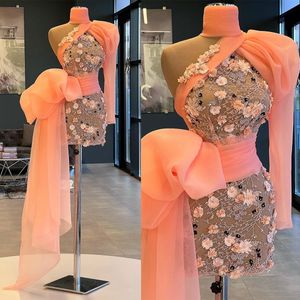 Robes de bal mini sirène modernes fleurs 3D une épaule manches longues Illusion robes de soirée formelles femmes robe d'occasion spéciale