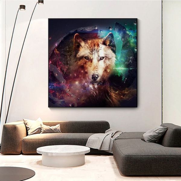 Pintura al óleo de animales de lobo fresco, carteles e impresiones de cuadros de pared para decoración para sala de estar, estilo minimalista moderno, Unframed302U