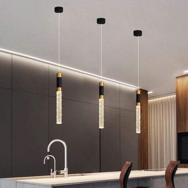 Lampe minimaliste moderne restaurant de luxe bar noir or cylindrique avant décoration créative chevet lustre en cristal lumières LED