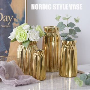 Vase en céramique plaqué or minimaliste moderne, ornements de Style nordique, magasin de fleurs, géométrie de mariage, Vase décoratif pour la maison, produit créatif