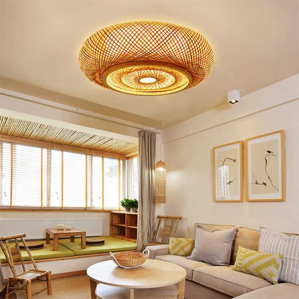 Plafonniers en bambou naturel moderne lampe de décoration de salon pour chambre à coucher en bois salle à manger lustre luminaire intérieur 0209