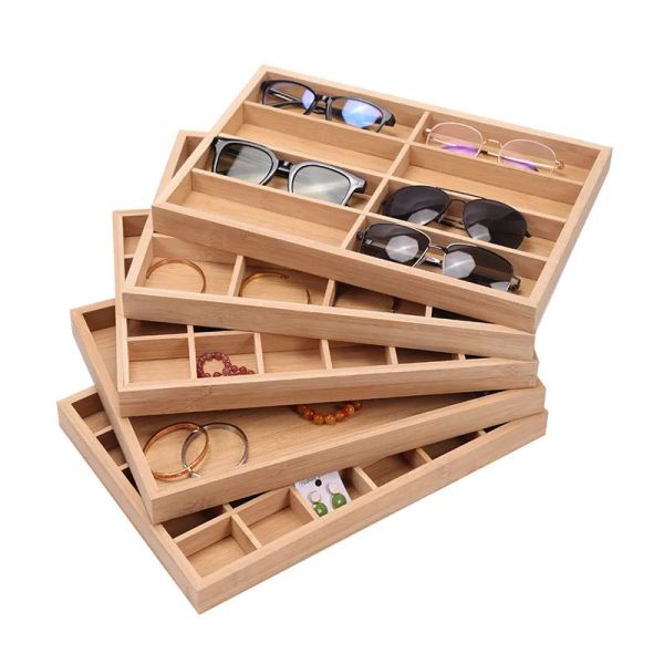 Plateau d'organisateur de stockage de lunettes de soleil moderne en bambou naturel avec 8 compartiments, plateau d'affichage de bijoux de lunettes de table