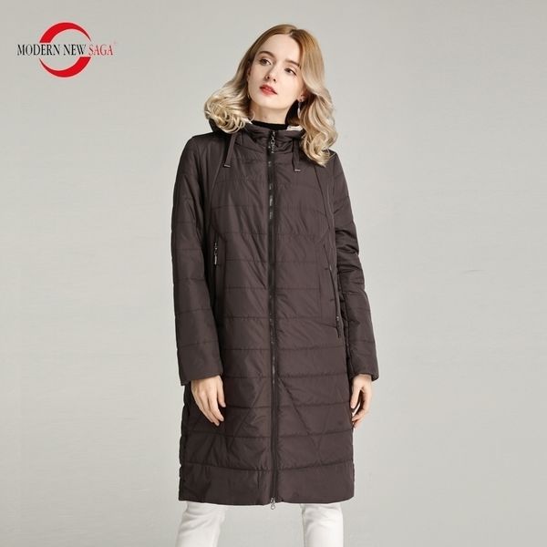 MODERNE NOUVELLE SAGA Femmes Manteau Printemps Mince Rembourré Veste Polyester Automne Femmes Longue Veste À Capuche Femme Parka Dames Pardessus 201125