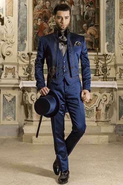 Tuxedos de mariage moderne à col haut, tissu en Satin bleu, haute qualité, nouveau Design, costumes formels pour hommes, ensemble de vêtements de marié