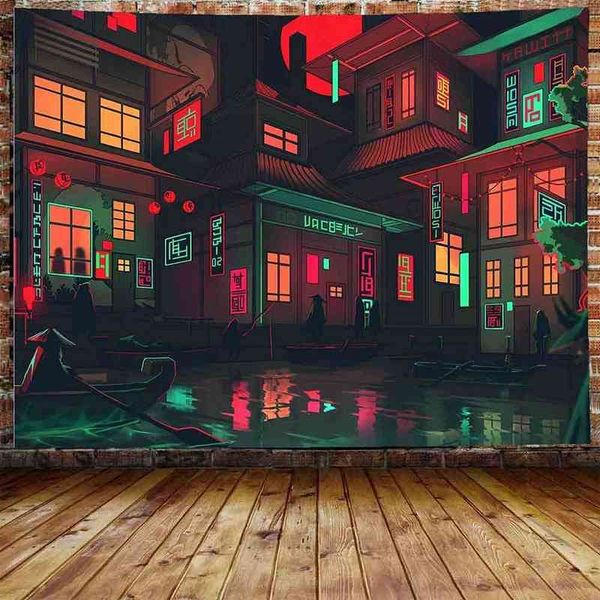 Moderne Nuit Ville Tapisserie Japonais Anime Punk Néon Bateau Samouraï Art Tenture Murale Salon Chambre Dortoir Décoration de La Maison J220804