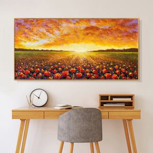 Peinture à l'huile moderne imprimée sur toile, paysage Rural, coucher de soleil, aube du soleil sur champ de fleurs, affiche murale pour décoration de maison