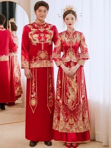 Robe de mariée traditionnelle chinoise Qipao en Satin rouge pour Couple, Cheongsam Oriental moderne, broderie Dragon et phénix, 240131