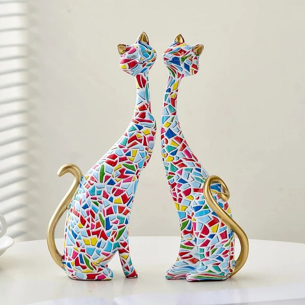 Moderne Ornamente, Raumdekoration, Zubehör im europäischen Stil, 2 Stück, Ölgemälde, Katzenstatuen, Tierskulpturen für Heimdesign, Geschenk 240106