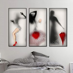 Cuadros modernos de chica Sexy con figuras de paraguas, impresiones en lienzo de silueta para decoración de cuadros de pared de salón