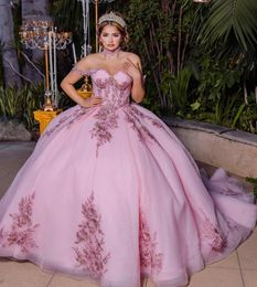 Moderne roze Vestidos de Lace Applique Quinceanera -jurk van de schouder Beading Backless Sweet Prom Party Jurkens
