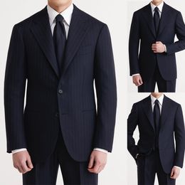 Moderne Pinstripe Mens Tuxedos Slim Fit Hot Selling Two Button Men Business Pants Pak Tailored Prom Party 2 Pieces Jacket and Pants